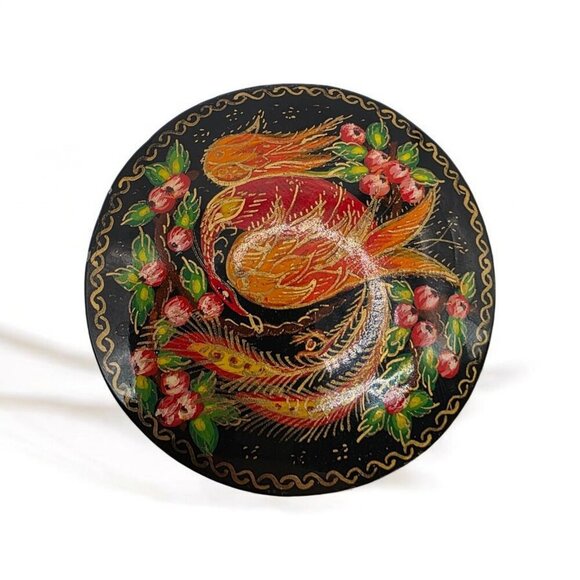 Russian Hand Painted Signed Black Lacquer Floral & Fire Bird Round Brooch Pin 2" - Picture 1 of 11